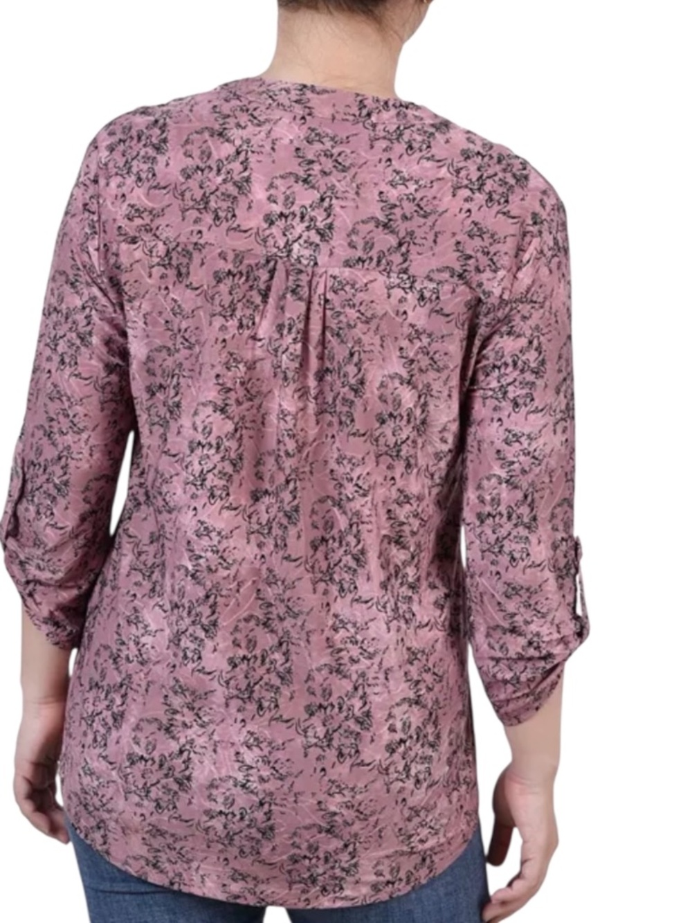 Women's 3/4 Roll Tab Sleeve Y-neck Top - Mauve Floral, Size M - NWT - Picture 2 of 4